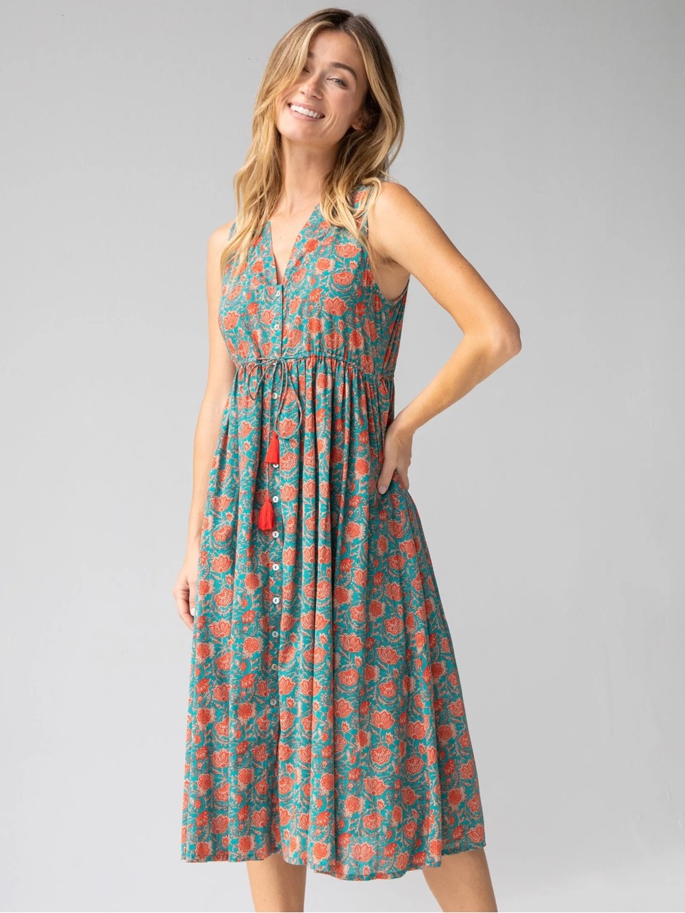 Natural Life Amelia Sleeveless Shirt Dress Teal Coral Floral Maxi Large